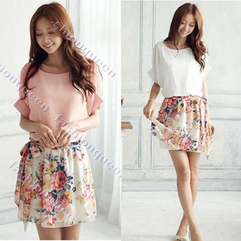 Vestido floral Crewneck Chiffon manga curta
