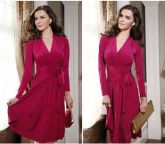 vestido Elegance liso decote V manga longa