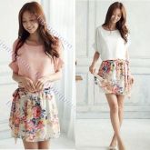 Vestido floral Crewneck Chiffon manga curta